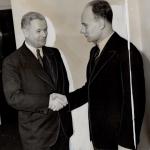 Canadian Ambassador to the Soviet Union, Dana L. Wilgress (on left), and Soviet Ambassador to Canada, Feodor Gusev (on right), meet in Toronto in 1942.