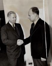 Canadian Ambassador to the Soviet Union, Dana L. Wilgress (on left), and Soviet Ambassador to Canada, Feodor Gusev (on right), meet in Toronto in 1942.